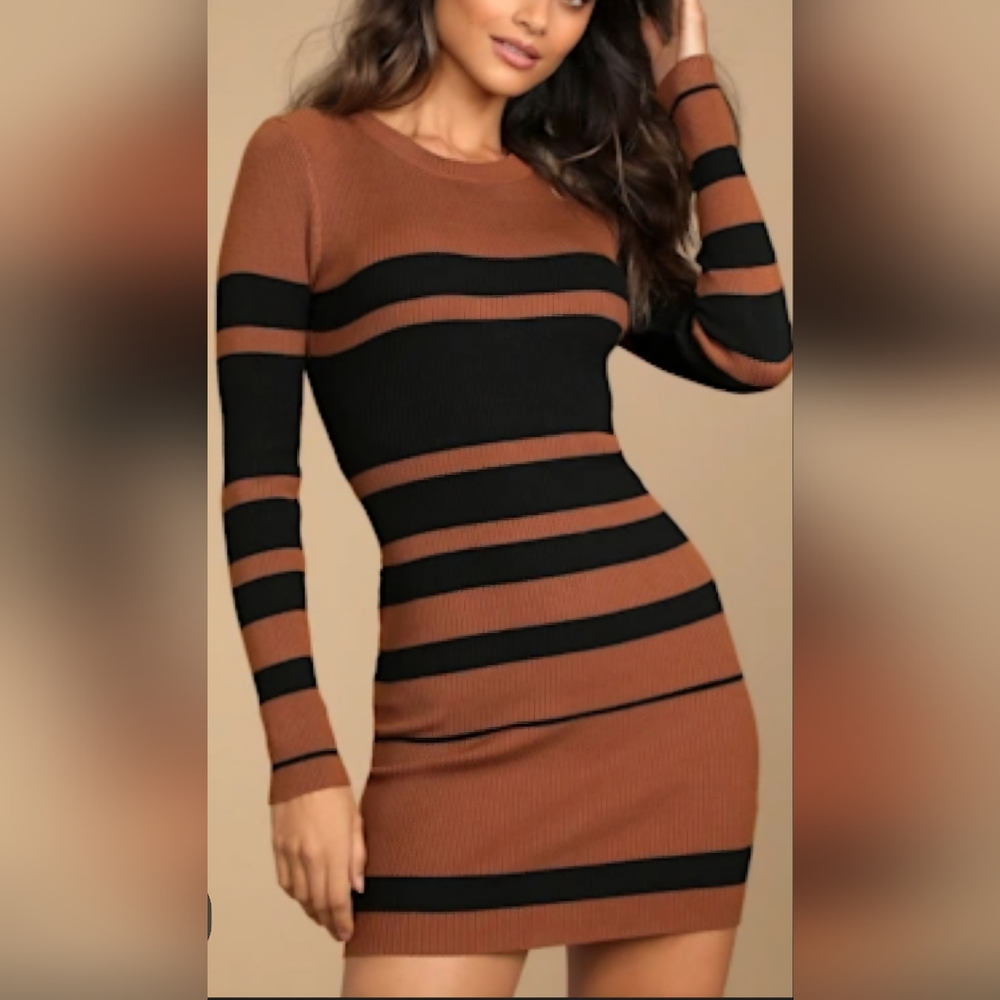 Lulu's Black and Brown Striped Long Sleeve Dress